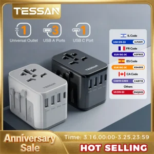 TESSAN Universal Travel Adapter with USB Port and Type C, Worldwide Power Adapter EU/UK/USA/AUS Plug for International Travel