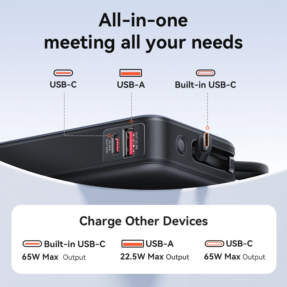 Vention 65W Power Bank 20000mAh Built-in USB-C Cable Portable Powerbank for Laptop PD Fast Charger for iPhone 17 Samsung S25 S24 - Image 2