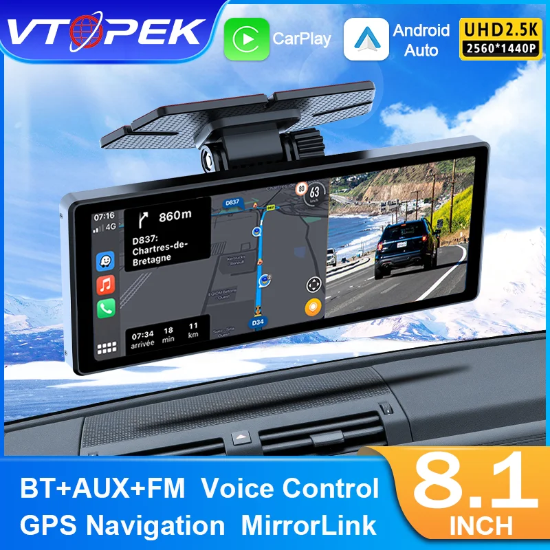 Vtopek 8.1 Inch 2.5K Dash Cam Wireless Carplay Android Auto Car DVR WiFi GPS Navigation Rearview Camera Dashboard Video Recorder