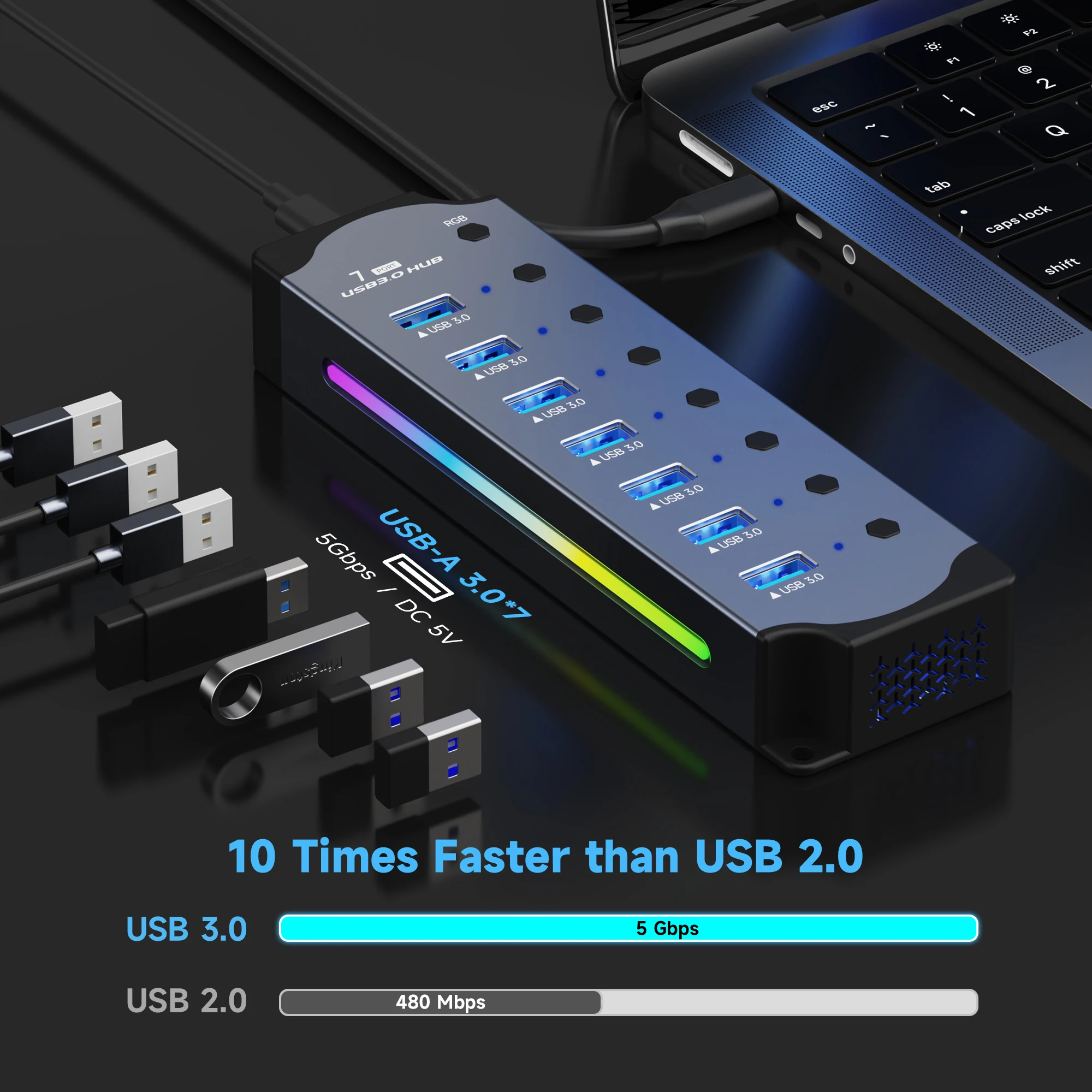 10 in 1 Powered USB HUB USB 3.0 Interface Individual Switch RGB E-Marker Heat Dissipation Design DC 5V Power Supply Adapter - Image 3