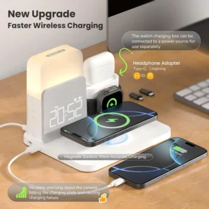 7-in-1 MagSafe Alarm Clock Charger-Wireless Station for iPhone 12-16/Samsung/Xiaomi/Huawei/Apple Watch/AirPods with Night Light