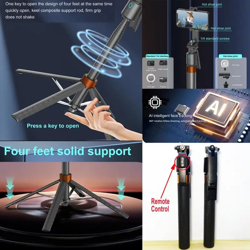 360°Rotatable Selfie Stick Tripod Rechargeable Smart Face Tracking Tripod with 2 Fill Light Phone Holder for Live Streaming Vlog - Image 2