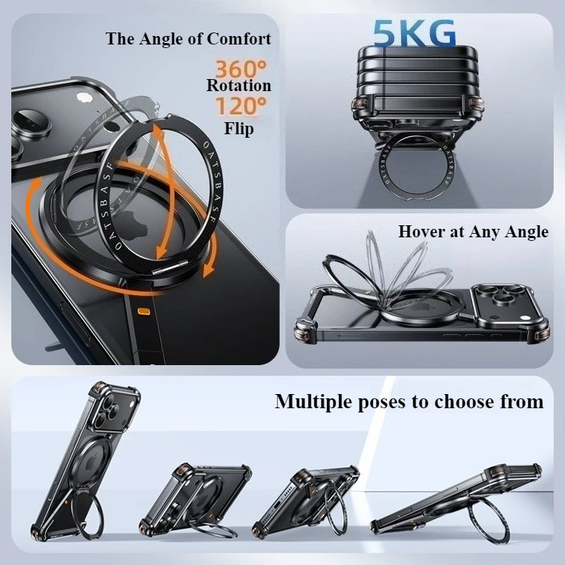 Eary Metal Magnetic Phone Case for iPhone 17 Pro Max/17 Pro/17 Air for Magsafe 360°Stand Frameless Shockproof Protector Cover - Image 3