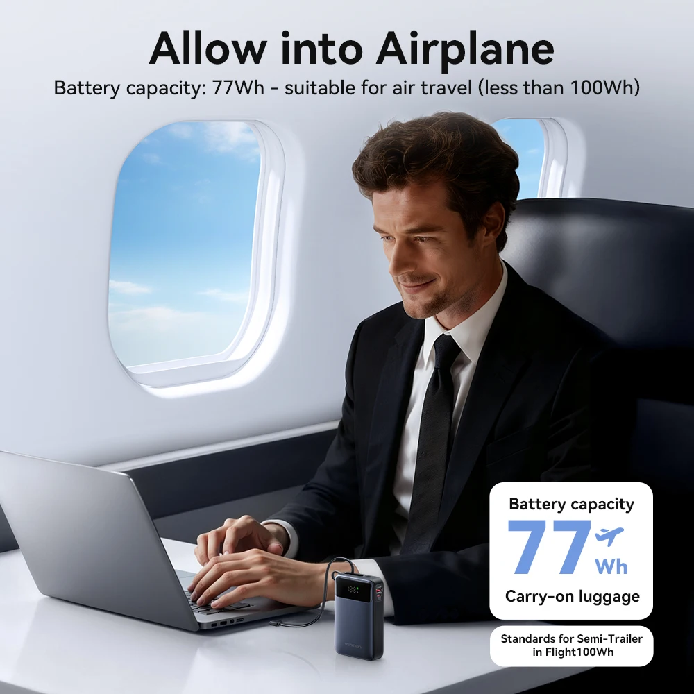 Vention 65W Power Bank 20000mAh Built-in USB-C Cable Portable Powerbank for Laptop PD Fast Charger for iPhone 17 Samsung S25 S24 - Image 5