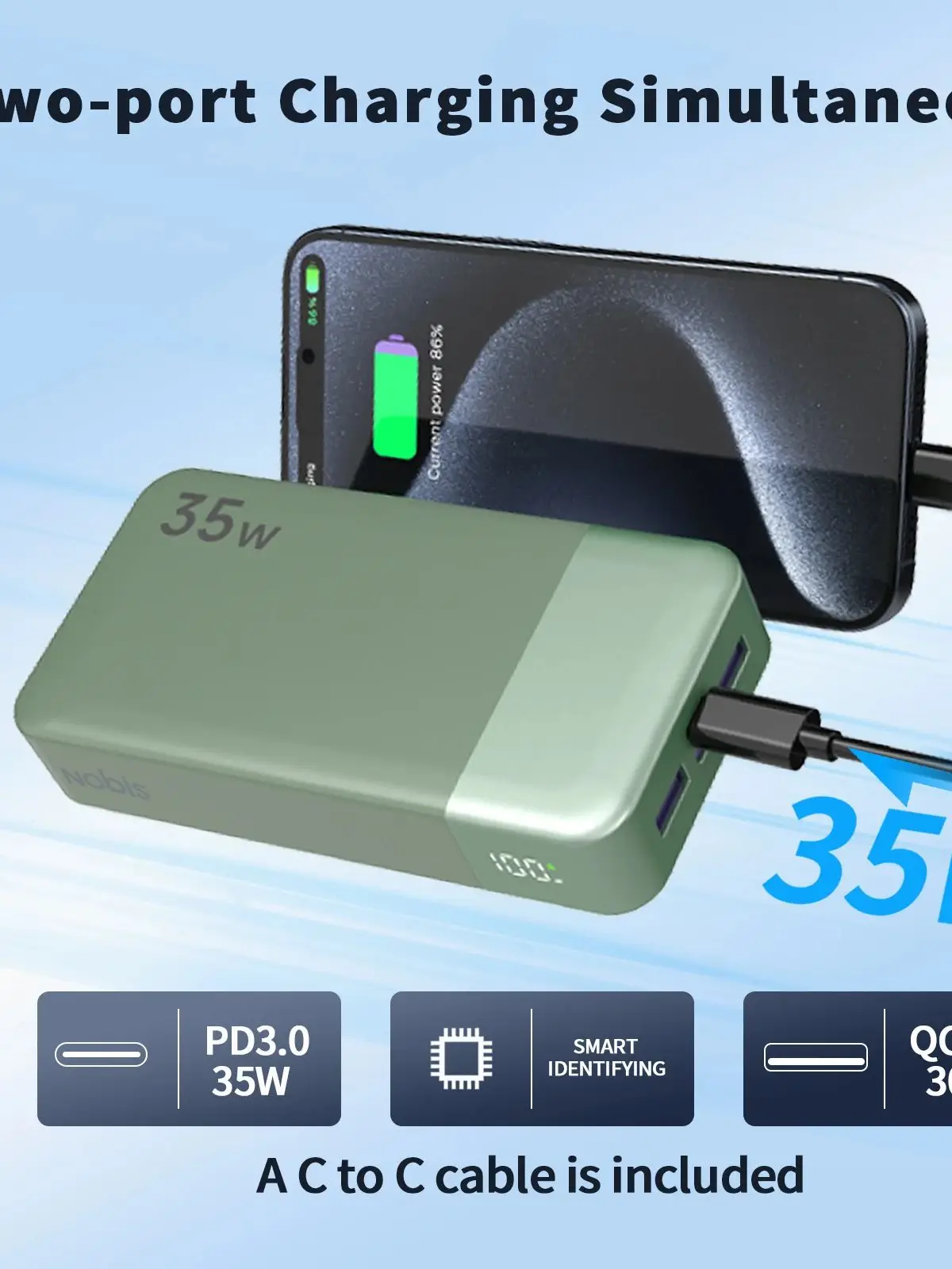 NOBIS Portable Charger, 20000mAh Power Bank, 35W Power Bank Fast Charging, Battery Pack with C to C Cable, Battery Bank - Image 2