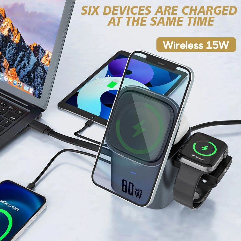 80W 6-in-1 GaN Charging Station Wireless Adapter With Type C PD 60W Retractable Charging Cable Fast Charger for iPhone Laptops - Image 2