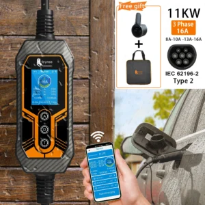 feyree Type 2 Portable EV Charger 11KW 16A 3 Phase Wi-Fi APP Bluetooth Version EVSE Charging Cable 5m CEE Plug for Electric Car