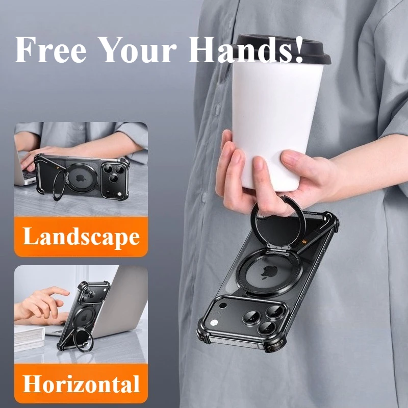 Eary Metal Magnetic Phone Case for iPhone 17 Pro Max/17 Pro/17 Air for Magsafe 360°Stand Frameless Shockproof Protector Cover - Image 4