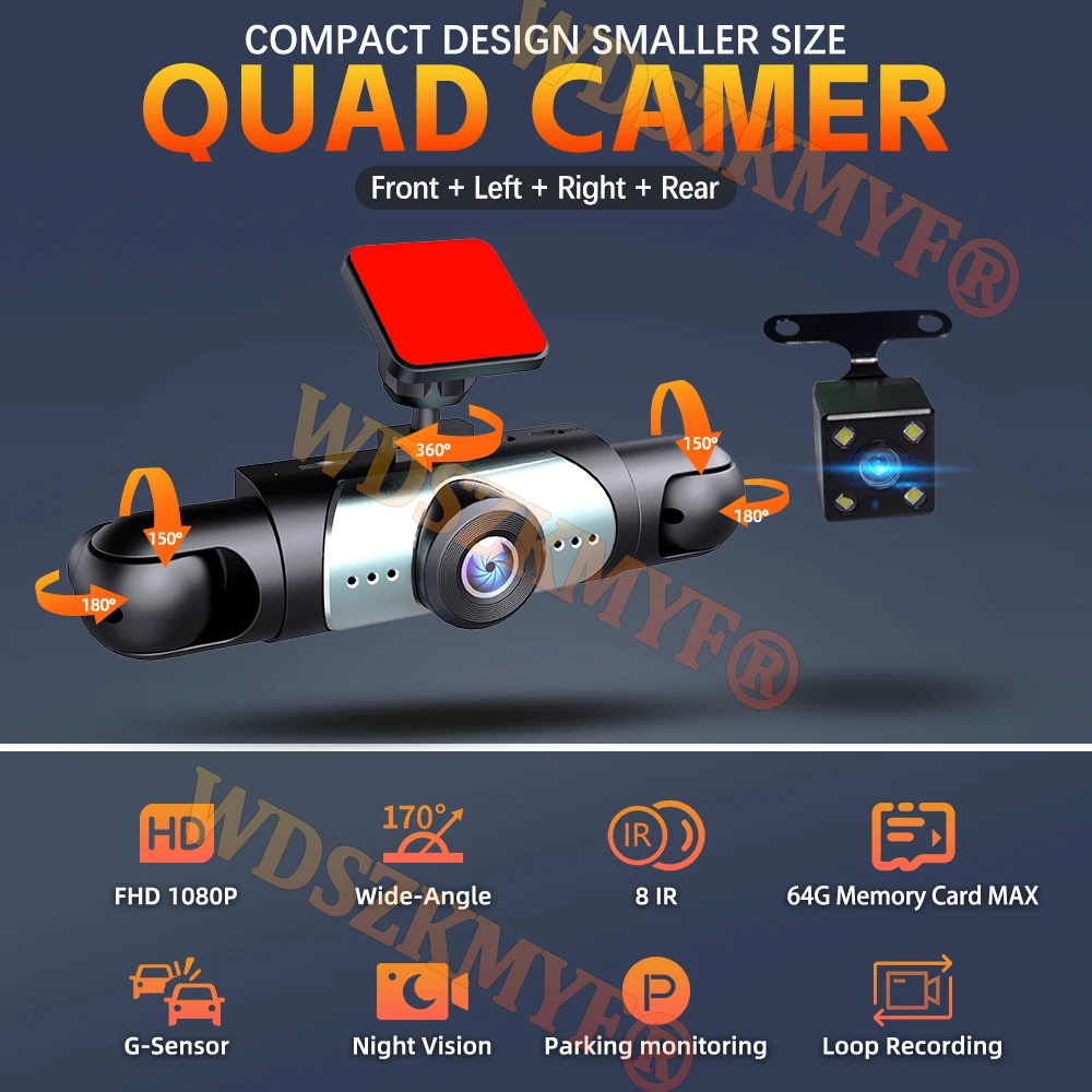 4Lens Car DVR 360 Degrees Video Recorder 1080P Dash Cam 3/4Channel Front Right left optional Rear View camera Car accessory - Image 2