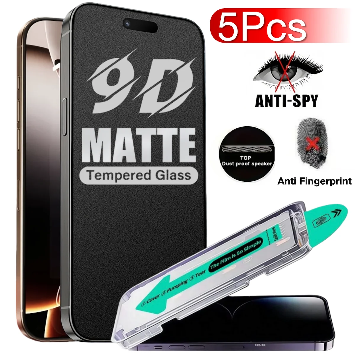 5-piece Set Of iPhone 17 16e 16 15 14 13 12 11 Pro Max XS XR Matte Screen Protector Tempered Glass Block Frosted Anti-Spy