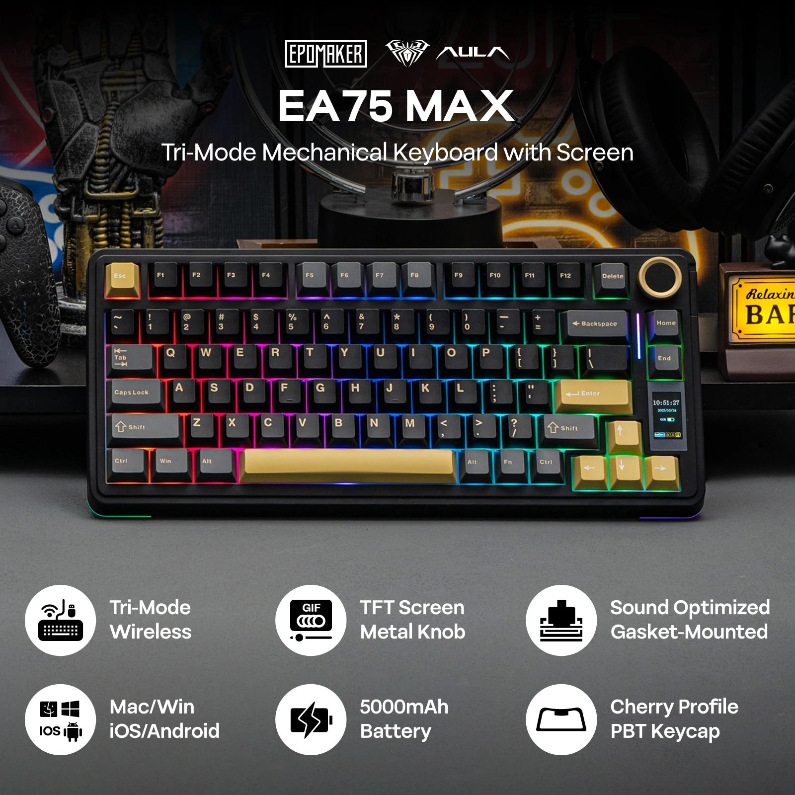 EPOMAKER X AULA EA75 MAX 75% ANSI US Layout Hot-Swap Gasket Wired/BT/2.4GHz Wireless Mechanical Keyboard with Screen & Knob - Image 2