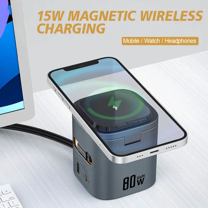 80W 6-in-1 GaN Charging Station Wireless Adapter With Type C PD 60W Retractable Charging Cable Fast Charger for iPhone Laptops - Image 4