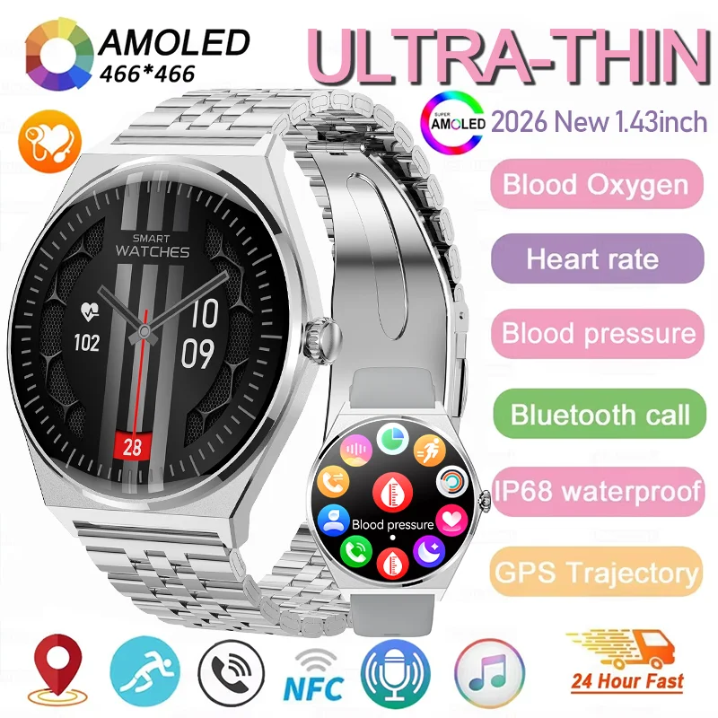 2026 Ultra Thin Smart Watch Men AMOLED 466*466 HD Pixel Display Always Show Time Bluetooth call Reminder Waterproof Smartwatch