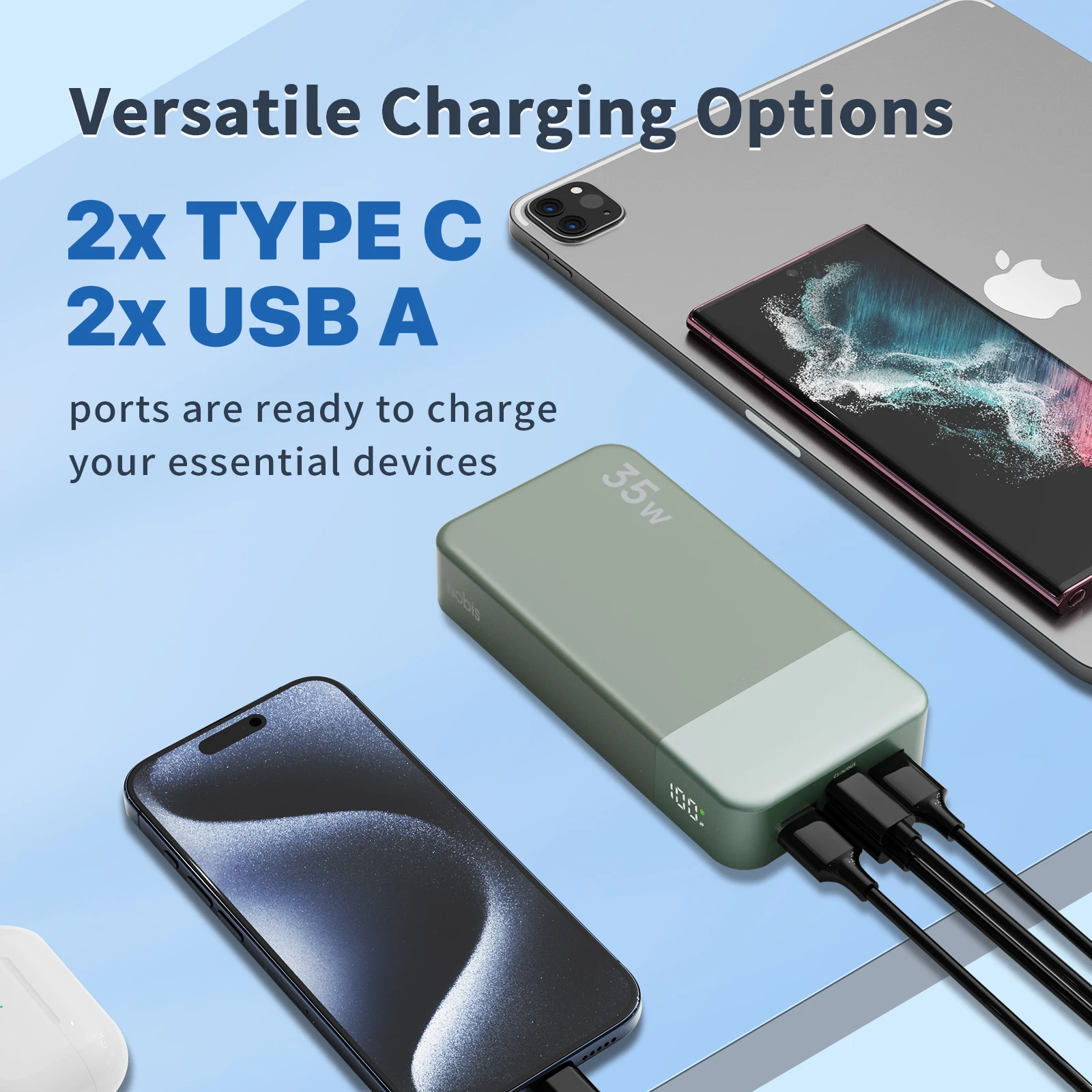 NOBIS Portable Charger, 20000mAh Power Bank, 35W Power Bank Fast Charging, Battery Pack with C to C Cable, Battery Bank - Image 4