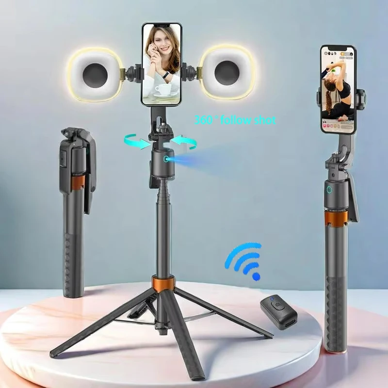 360°Rotatable Selfie Stick Tripod Rechargeable Smart Face Tracking Tripod with 2 Fill Light Phone Holder for Live Streaming Vlog