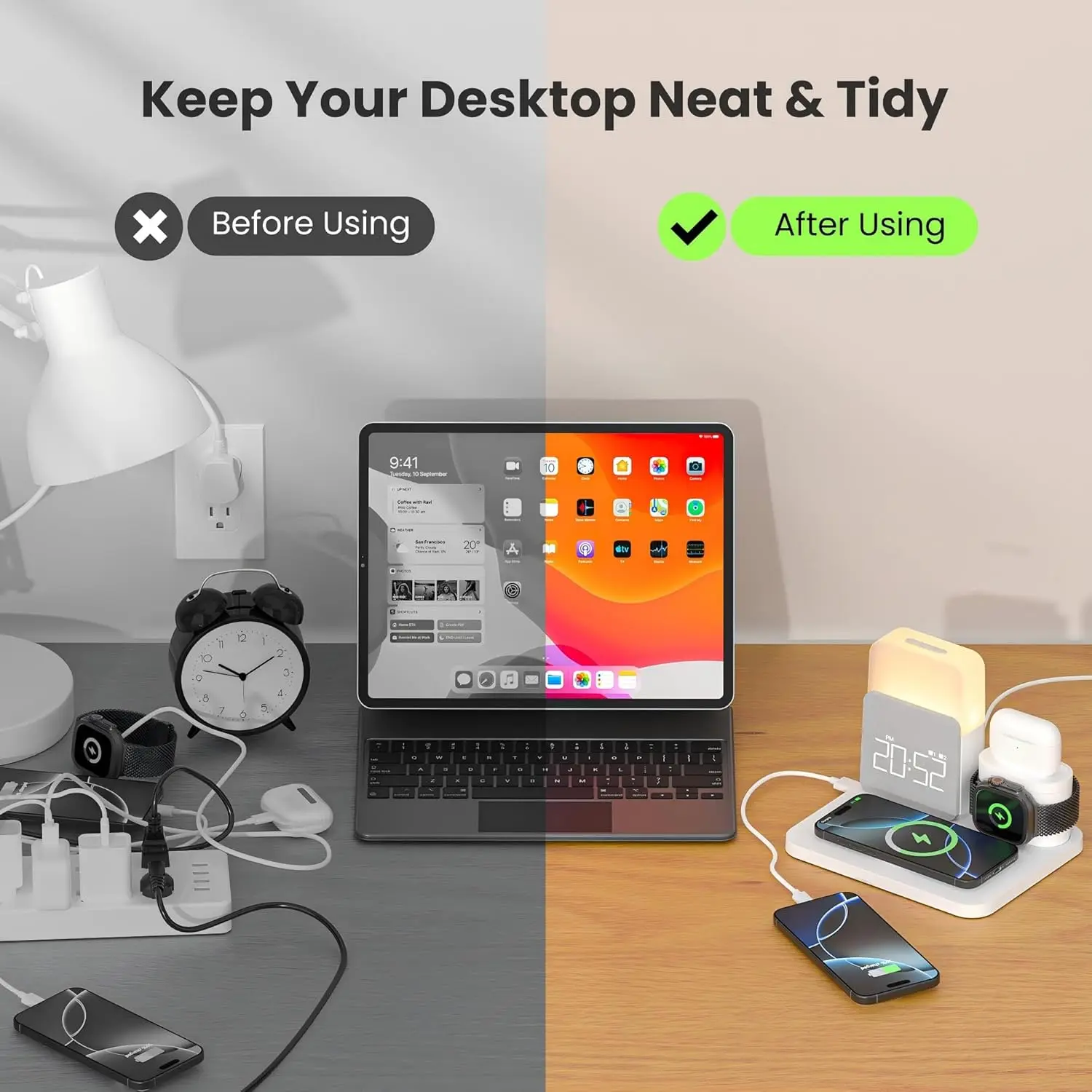 7-in-1 MagSafe Alarm Clock Charger-Wireless Station for iPhone 12-16/Samsung/Xiaomi/Huawei/Apple Watch/AirPods with Night Light - Image 4