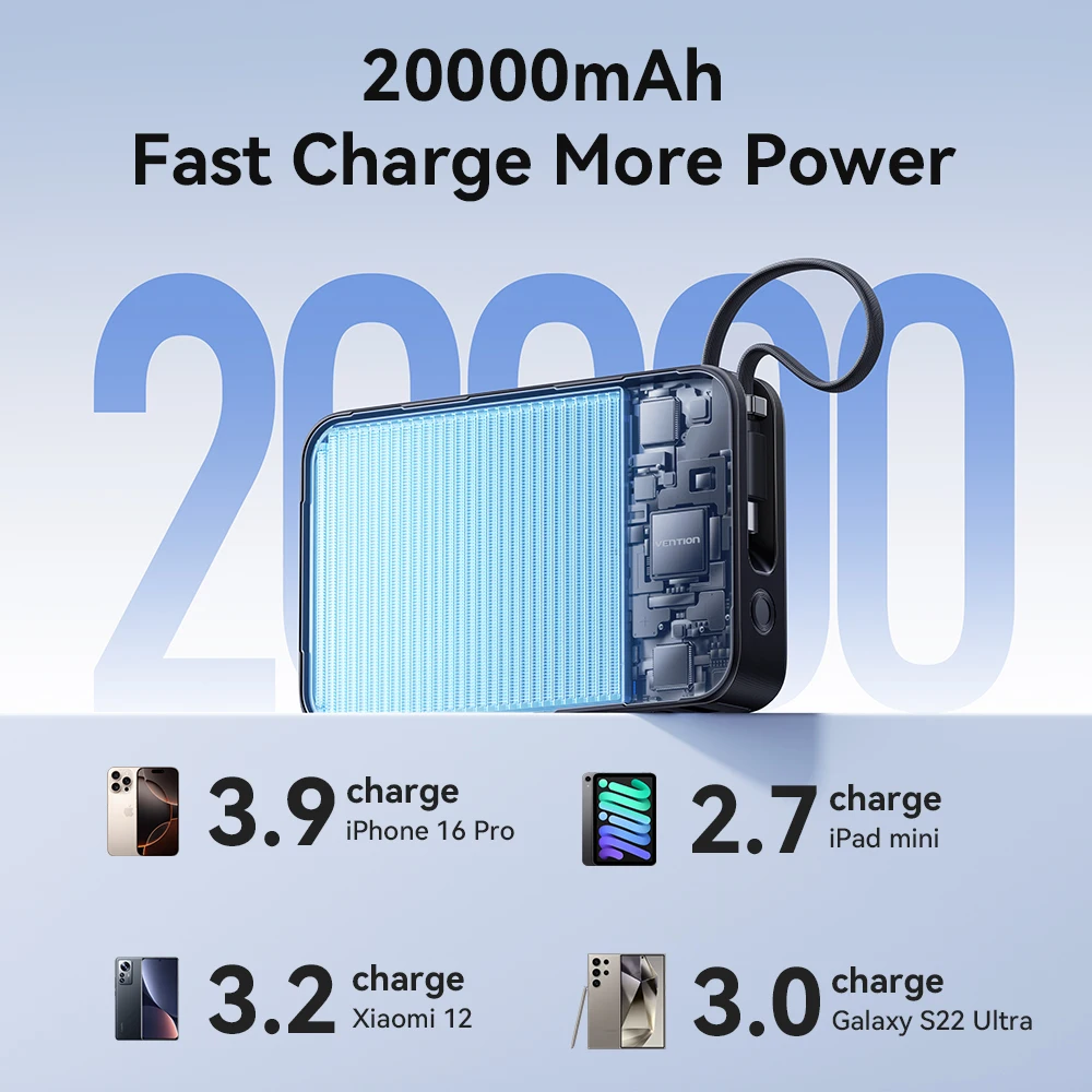 Vention 65W Power Bank 20000mAh Built-in USB-C Cable Portable Powerbank for Laptop PD Fast Charger for iPhone 17 Samsung S25 S24 - Image 4