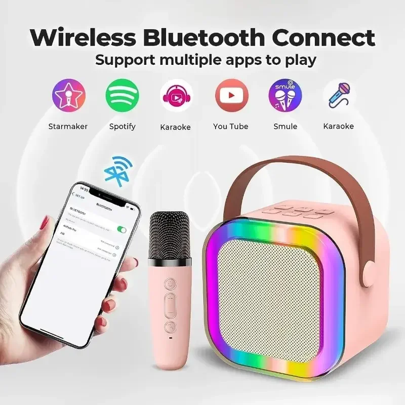 K12 Wireless Bluetooth Speaker with 2 Microphone RGB Portable Music Player Karaoke Machine for Family Singing Children's Gifts