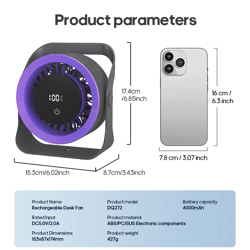 4000mAh Outdoor Desktop Fan Angle Adjustable 100 Speeds Wall Mount Portable Fan With Remote Control and Touch Screen Cooling Fan - Image 6