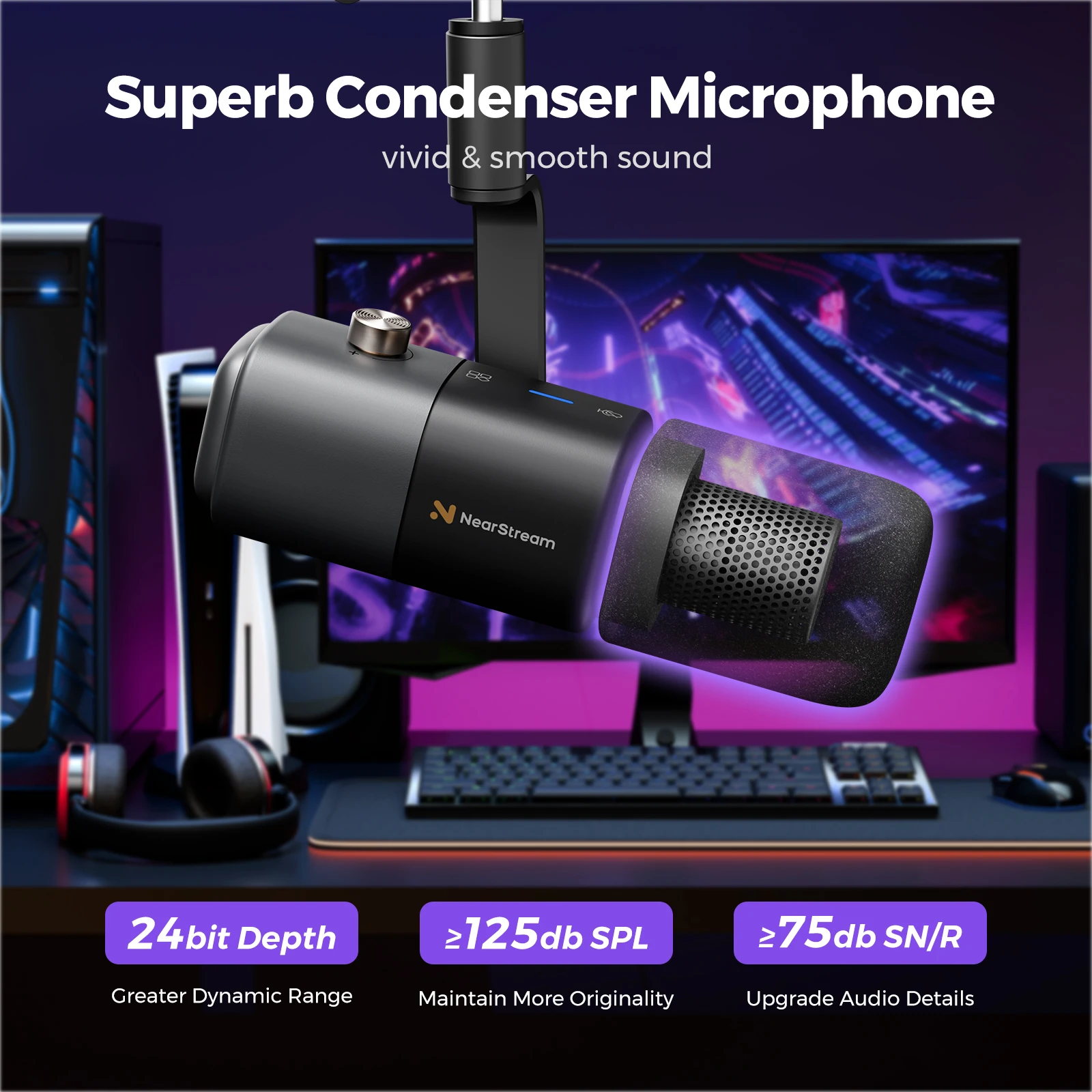 NearStream USB XLR Condenser Mic Boom Arm Plug-and-Play Professional Microphone pc for Streaming Podcast Studio set Recording - Image 2