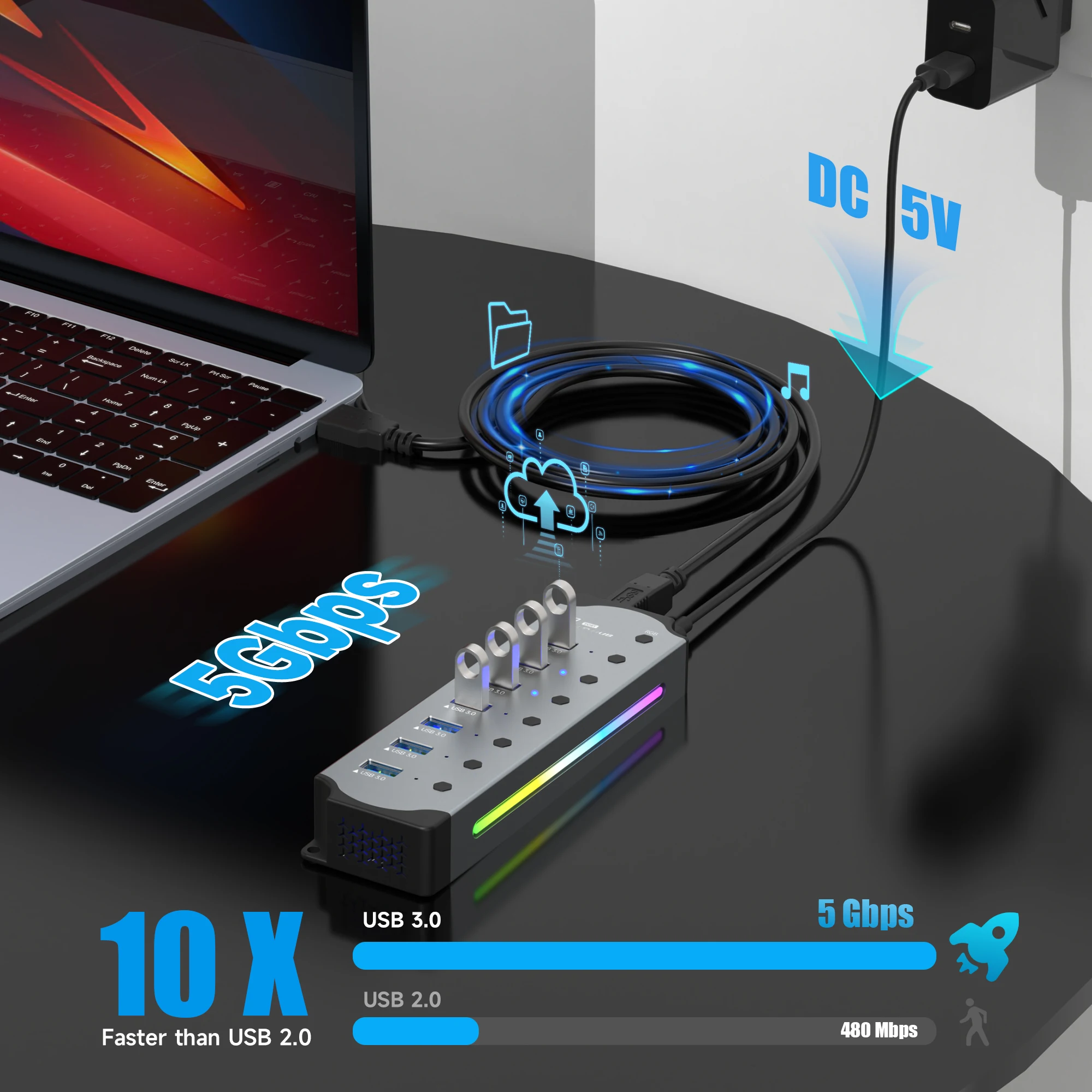 10 in 1 Powered USB HUB USB 3.0 Interface Individual Switch RGB E-Marker Heat Dissipation Design DC 5V Power Supply Adapter - Image 2