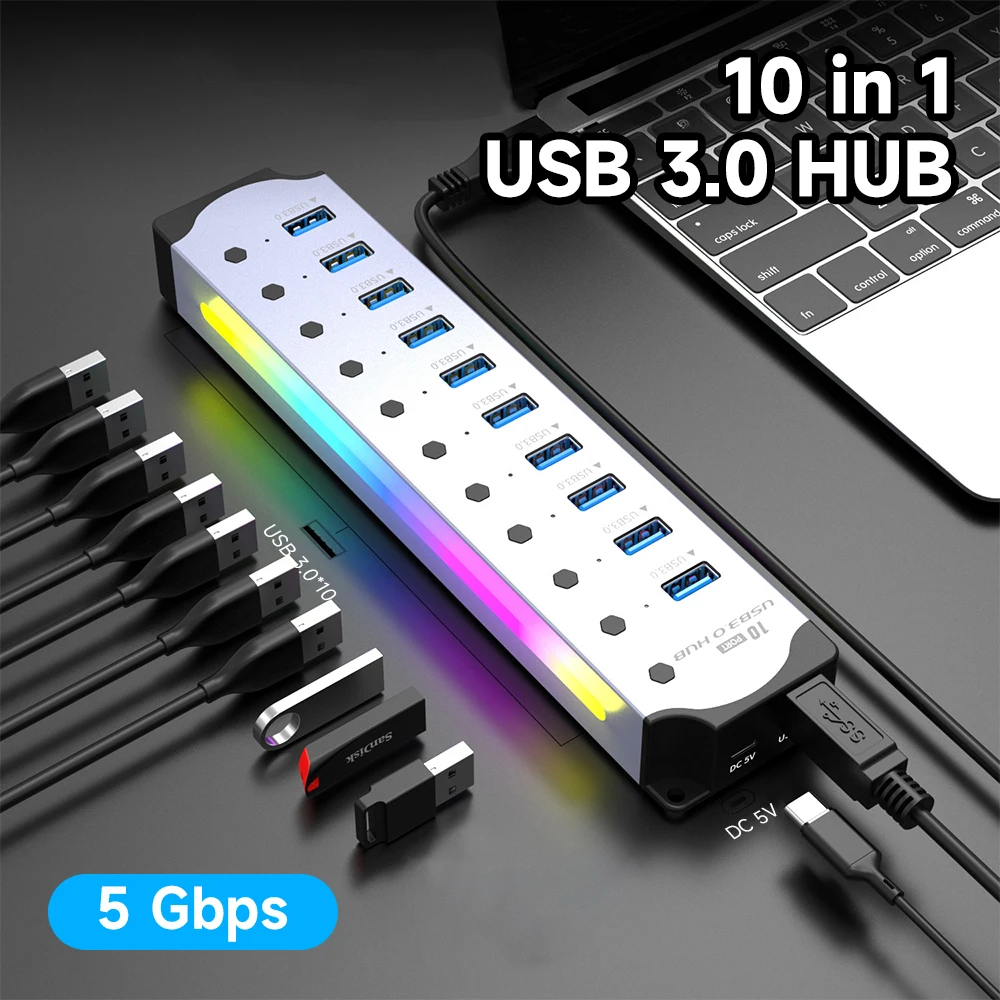 10 in 1 Powered USB HUB USB 3.0 Interface Individual Switch RGB E-Marker Heat Dissipation Design DC 5V Power Supply Adapter